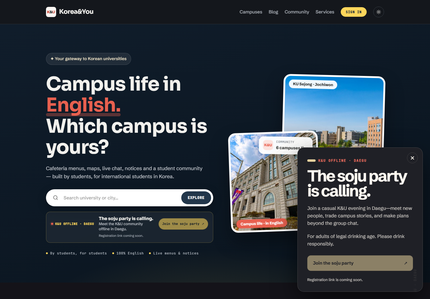 KandU beta homepage showing the campus platform and a community event preview
